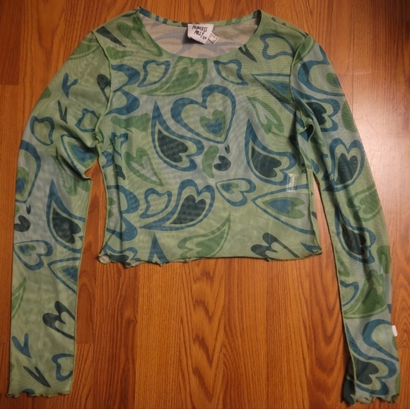 Princess Polly Tahlia Long Sleeve 90s Mesh Cropped Top Green Hearts Sz 6 Groovy - Picture 1 of 11